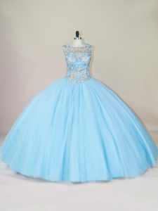 Floor Length Lace Up Quinceanera Gowns Blue for Sweet 16 and Quinceanera with Beading