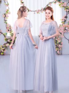 Unique Short Sleeves Tulle Floor Length Side Zipper Quinceanera Court of Honor Dress in Grey with Lace and Belt