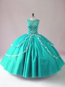 Floor Length Turquoise Quinceanera Dresses Scoop Sleeveless Zipper