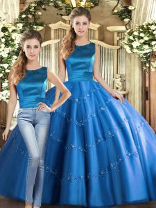 Blue Tulle Lace Up Quince Ball Gowns Sleeveless Floor Length Appliques