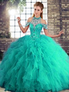 Customized Floor Length Lace Up Quinceanera Gown Turquoise for Military Ball and Sweet 16 and Quinceanera with Beading and Ruffles