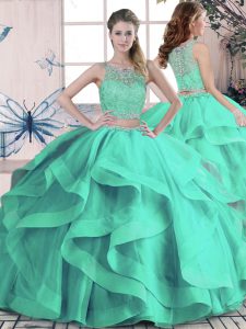 Turquoise Two Pieces Scoop Sleeveless Tulle Floor Length Lace Up Beading and Ruffles Vestidos de Quinceanera