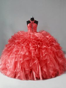 Coral Red Quinceanera Gowns Sweet 16 and Quinceanera with Beading and Ruffles Halter Top Sleeveless Brush Train Zipper