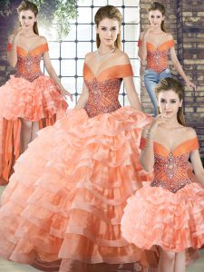 Brush Train Ball Gowns 15th Birthday Dress Peach Off The Shoulder Organza Sleeveless Lace Up