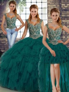 Glamorous Peacock Green Organza Lace Up Straps Sleeveless Floor Length 15th Birthday Dress Beading and Ruffles