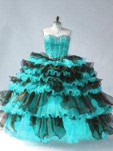 Blue And Black Ball Gowns Sweetheart Sleeveless Organza Floor Length Lace Up Beading and Ruffled Layers 15th Birthday Dress