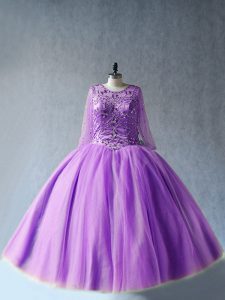 Tulle Scoop Long Sleeves Lace Up Beading Vestidos de Quinceanera in Lavender