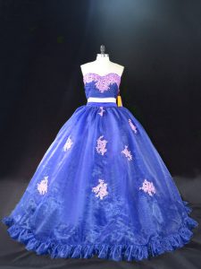 Blue Ball Gowns Sweetheart Sleeveless Organza Brush Train Zipper Appliques Quinceanera Dress