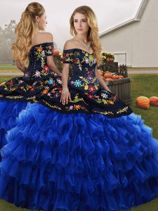 Floor Length Blue And Black Sweet 16 Dresses Organza Sleeveless Embroidery and Ruffled Layers