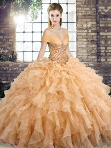 Ball Gowns Sleeveless Gold Quinceanera Dresses Brush Train Lace Up