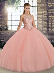 Floor Length Peach Quinceanera Gown Scoop Sleeveless Lace Up