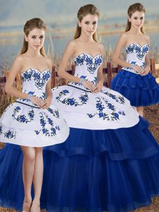 Great Sleeveless Floor Length Embroidery and Bowknot Lace Up Quinceanera Gown with Royal Blue