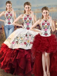 Exquisite White And Red 15th Birthday Dress Sweet 16 and Quinceanera with Embroidery and Ruffles Halter Top Sleeveless Lace Up