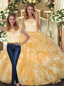 Dynamic Gold Two Pieces Scoop Sleeveless Organza Floor Length Clasp Handle Lace and Ruffles Sweet 16 Dresses