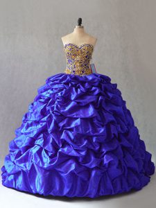 Stylish Royal Blue Quince Ball Gowns Sweet 16 and Quinceanera with Beading and Pick Ups Sweetheart Sleeveless Brush Train Lace Up