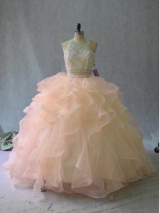 Elegant Peach 15 Quinceanera Dress Organza Sleeveless Beading and Ruffles