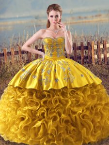 Gold Sweetheart Lace Up Embroidery and Ruffles Sweet 16 Quinceanera Dress Sleeveless