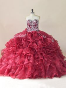 Charming Sleeveless Organza Brush Train Lace Up 15 Quinceanera Dress in Wine Red with Beading and Appliques and Ruffles