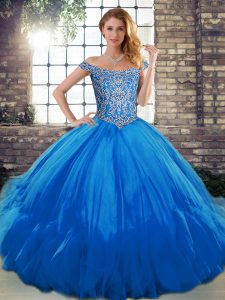 Blue Ball Gowns Off The Shoulder Sleeveless Tulle Floor Length Lace Up Beading and Ruffles Sweet 16 Dress