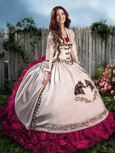 Elegant Embroidery and Ruffles Quinceanera Gowns Hot Pink Lace Up Sleeveless Floor Length