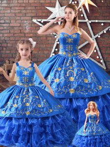 High End Blue Quinceanera Gowns Sweet 16 and Quinceanera with Embroidery Sweetheart Sleeveless Lace Up