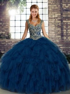 Blue Straps Lace Up Beading and Ruffles Sweet 16 Dress Sleeveless