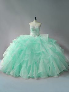 Modest Apple Green Sleeveless Organza Court Train Lace Up Quinceanera Gown for Sweet 16 and Quinceanera