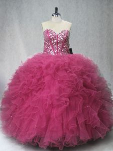 New Arrival Coral Red Tulle Lace Up Quinceanera Dress Sleeveless Floor Length Beading and Ruffles