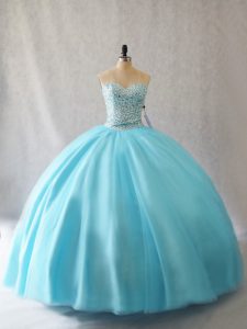 Sleeveless Tulle Floor Length Lace Up Vestidos de Quinceanera in Aqua Blue with Beading