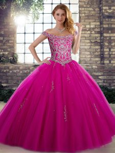 Off The Shoulder Sleeveless Lace Up Quinceanera Gown Fuchsia Tulle