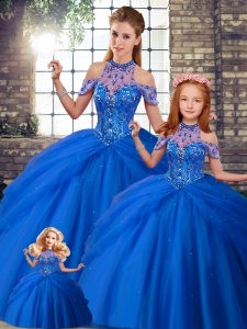 Colorful Sleeveless Tulle Brush Train Lace Up Quinceanera Dresses in Blue with Beading and Pick Ups