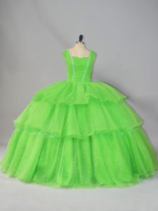 Modern Floor Length 15th Birthday Dress Organza Sleeveless Beading and Ruffled Layers and Ruching