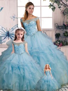 Organza Off The Shoulder Sleeveless Lace Up Beading and Ruffles Ball Gown Prom Dress in Light Blue