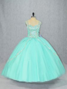 Straps Cap Sleeves Quince Ball Gowns Brush Train Beading Apple Green Tulle