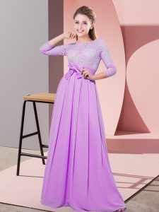 Floor Length Side Zipper Dama Dress for Quinceanera Lilac for Wedding Party with Lace and Belt
