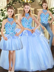 Blue Three Pieces Embroidery 15th Birthday Dress Lace Up Organza Sleeveless Floor Length