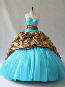 New Style Aqua Blue Ball Gowns V-neck Sleeveless Organza and Printed Lace Up Beading and Pick Ups Vestidos de Quinceanera