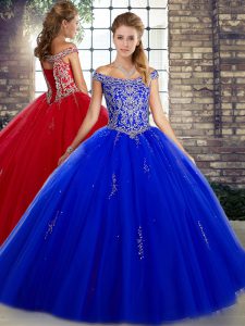 Stunning Royal Blue Ball Gowns Tulle Off The Shoulder Sleeveless Beading Floor Length Lace Up Sweet 16 Quinceanera Dress