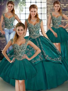 Chic Teal Lace Up Quince Ball Gowns Beading and Embroidery Sleeveless Floor Length