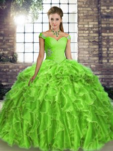 Comfortable Sleeveless Beading and Ruffles Lace Up Vestidos de Quinceanera with Brush Train