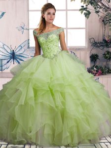 Custom Designed Yellow Green Sleeveless Beading and Ruffles Floor Length Sweet 16 Dress