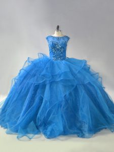 Fantastic Beading and Ruffles Quinceanera Dress Blue Lace Up Sleeveless Brush Train