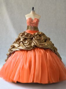 Artistic Sleeveless Organza and Printed Brush Train Lace Up Vestidos de Quinceanera in Orange with Beading and Pick Ups
