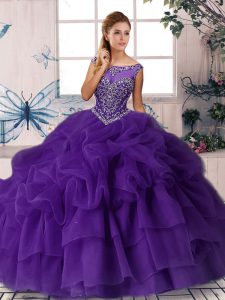 High Quality Purple Ball Gowns Beading and Pick Ups 15 Quinceanera Dress Zipper Organza Sleeveless