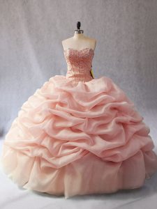 Customized Peach Sleeveless Beading and Pick Ups Floor Length Quinceanera Dress