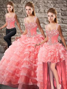 Watermelon Red Ball Gowns Beading and Ruffled Layers Sweet 16 Quinceanera Dress Lace Up Organza Sleeveless
