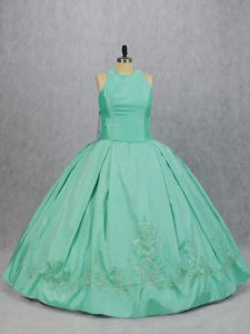 Stunning Scoop Sleeveless Ball Gown Prom Dress Floor Length Embroidery Apple Green Satin