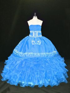 Vintage Blue Organza Lace Up Strapless Sleeveless Floor Length Quinceanera Dresses Embroidery and Ruffles