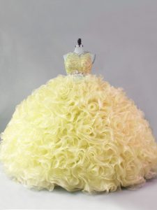Sleeveless Fabric With Rolling Flowers Floor Length Zipper Quince Ball Gowns in Yellow with Beading