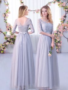 Best Grey Empire Tulle V-neck Half Sleeves Lace and Belt Floor Length Side Zipper Quinceanera Court of Honor Dress